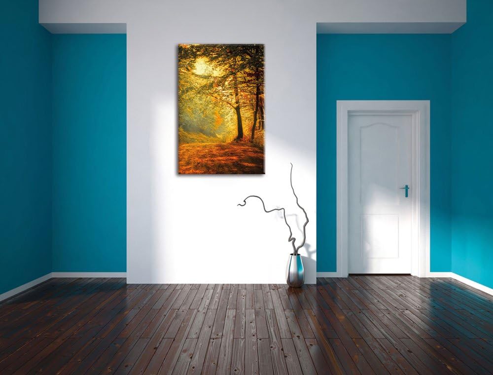 Pixxprint Wald im Herbst, Format: 100x70 auf Leinwand, XXL riesige Bilder fertig gerahmt mit Keilrah