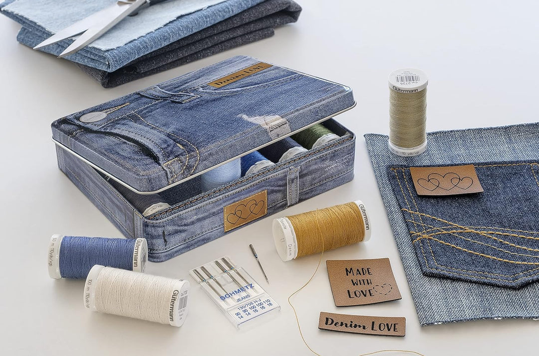 Gütermann Creativ Denim-Box mit 12 Spulen Profi-Jeansfaden Denim 100 m, 5 Jeans-Nähmaschinennadeln v