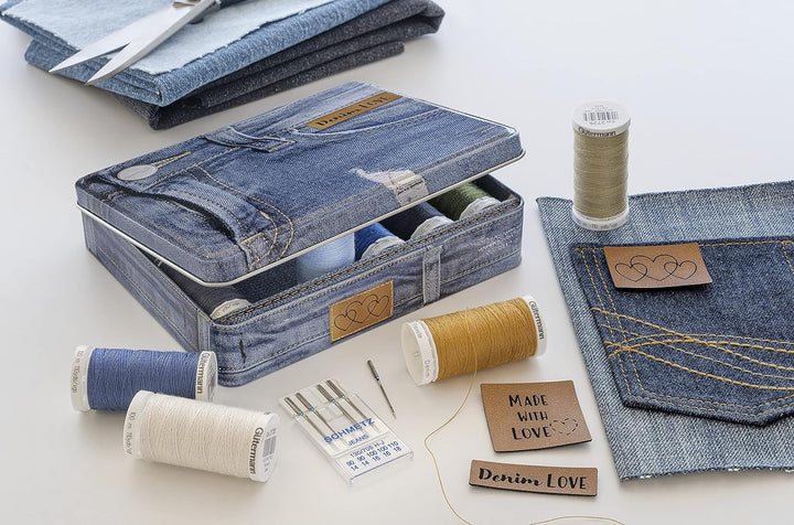 Gütermann Creativ Denim-Box mit 12 Spulen Profi-Jeansfaden Denim 100 m, 5 Jeans-Nähmaschinennadeln v