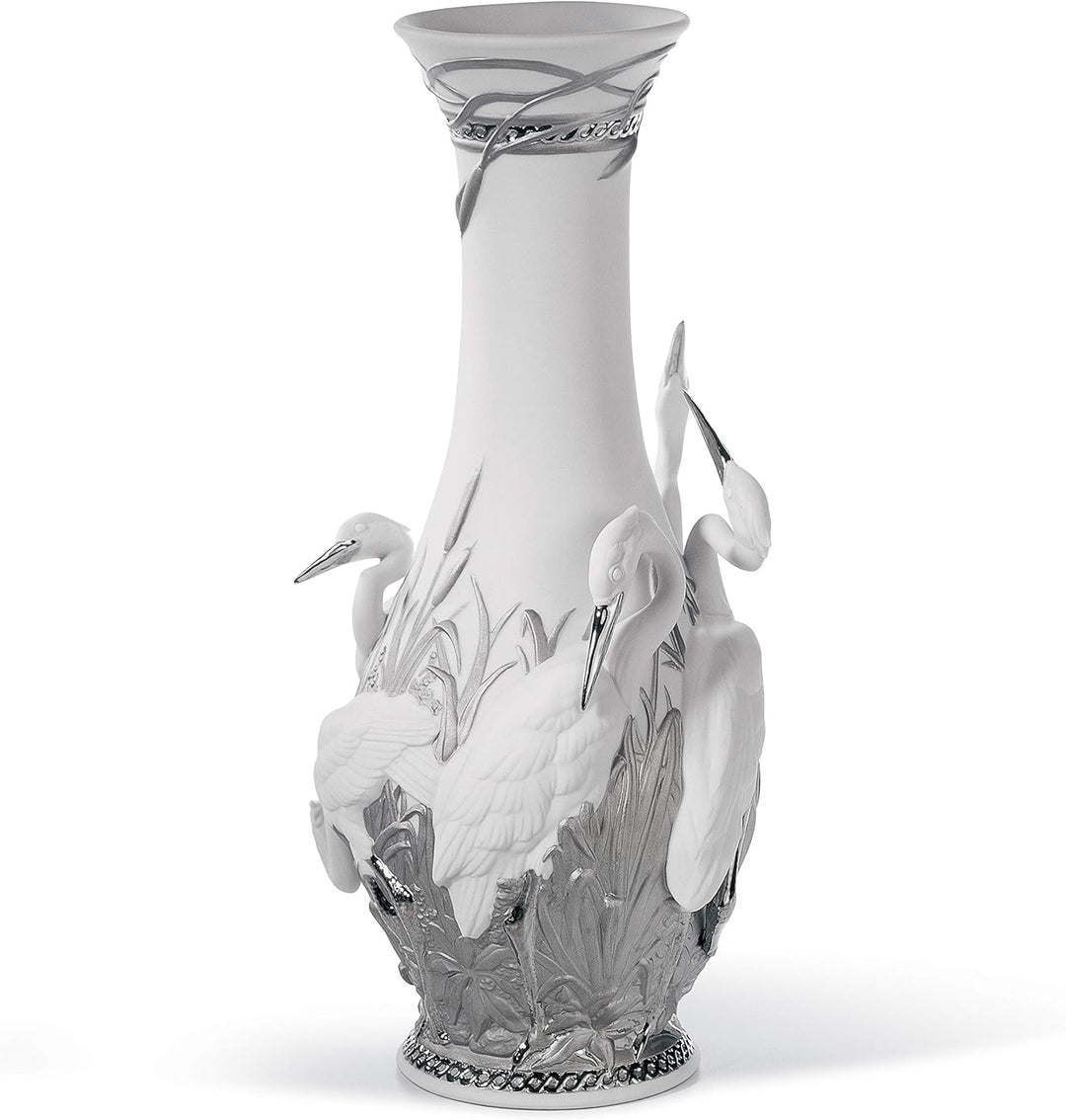 LLADRÓ Vase Königsreiher. Silber. Vase. Porzellan.