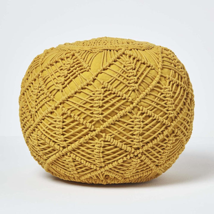 Homescapes Häkel-Pouf, senfgelb, rundes Bodenkissen 35 x 40 cm in Boho Style, dekorativer Fusshocker