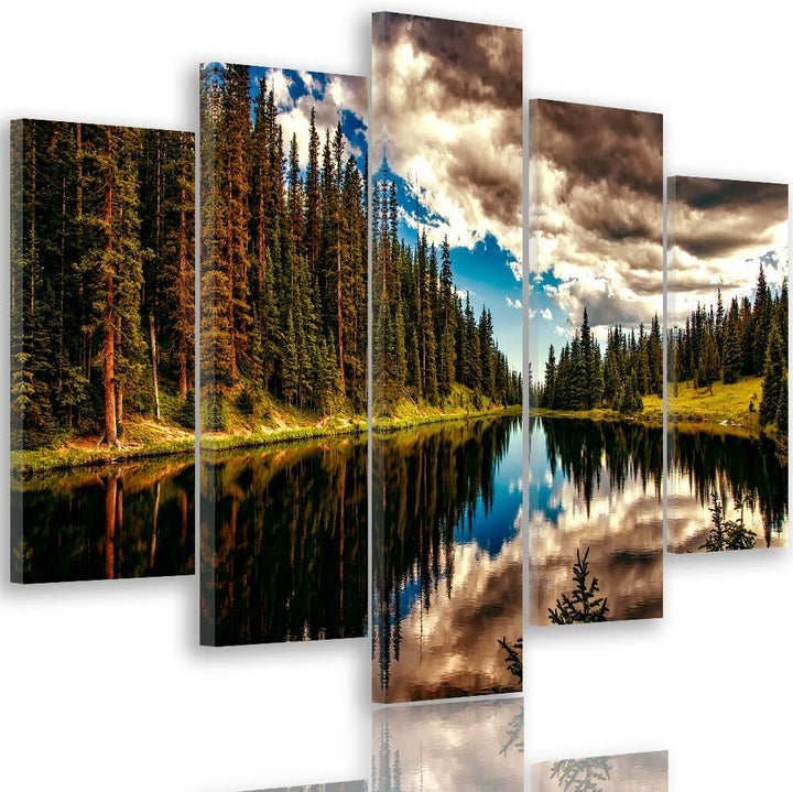 Bilder Landschaft 250x120 cm - Leinwandbild 5 Teilig XXL Kunstdruck See Wald blau Leinwandbild XXL 2