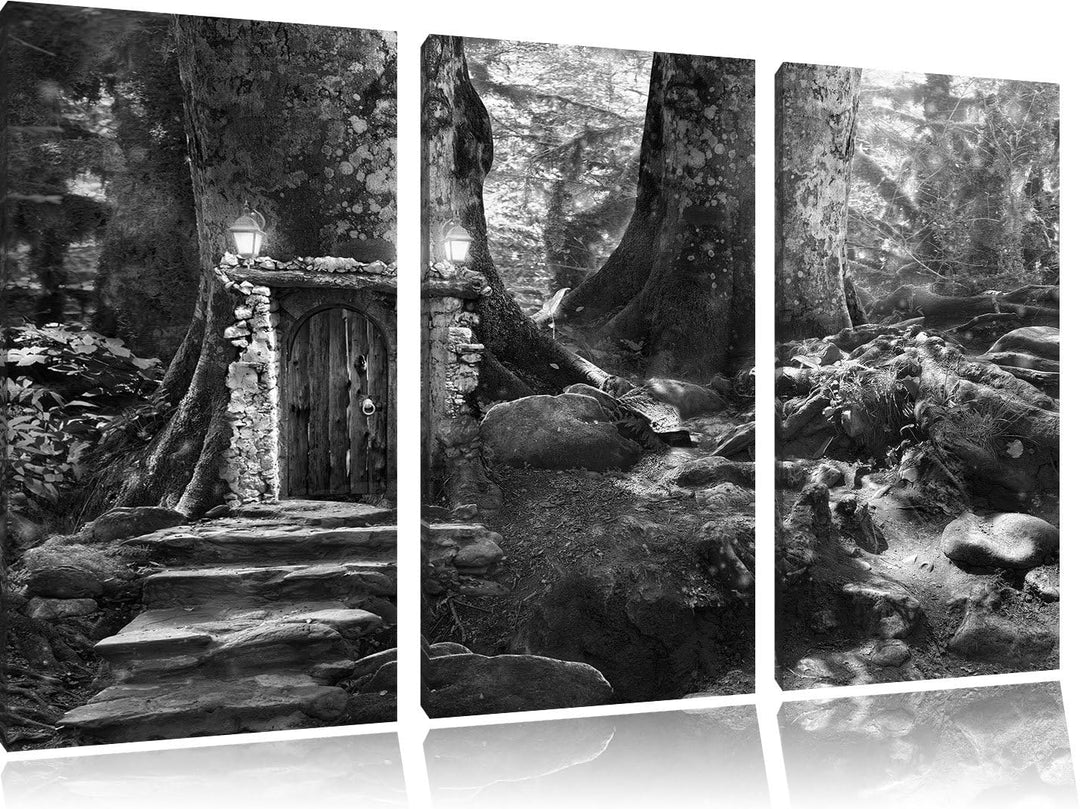 Pixxprint Geheimes Tor im Wald / 3-Teilig/Gesamtmass 120cm Leinwandbild bespannt auf Holzrahmen/Wand