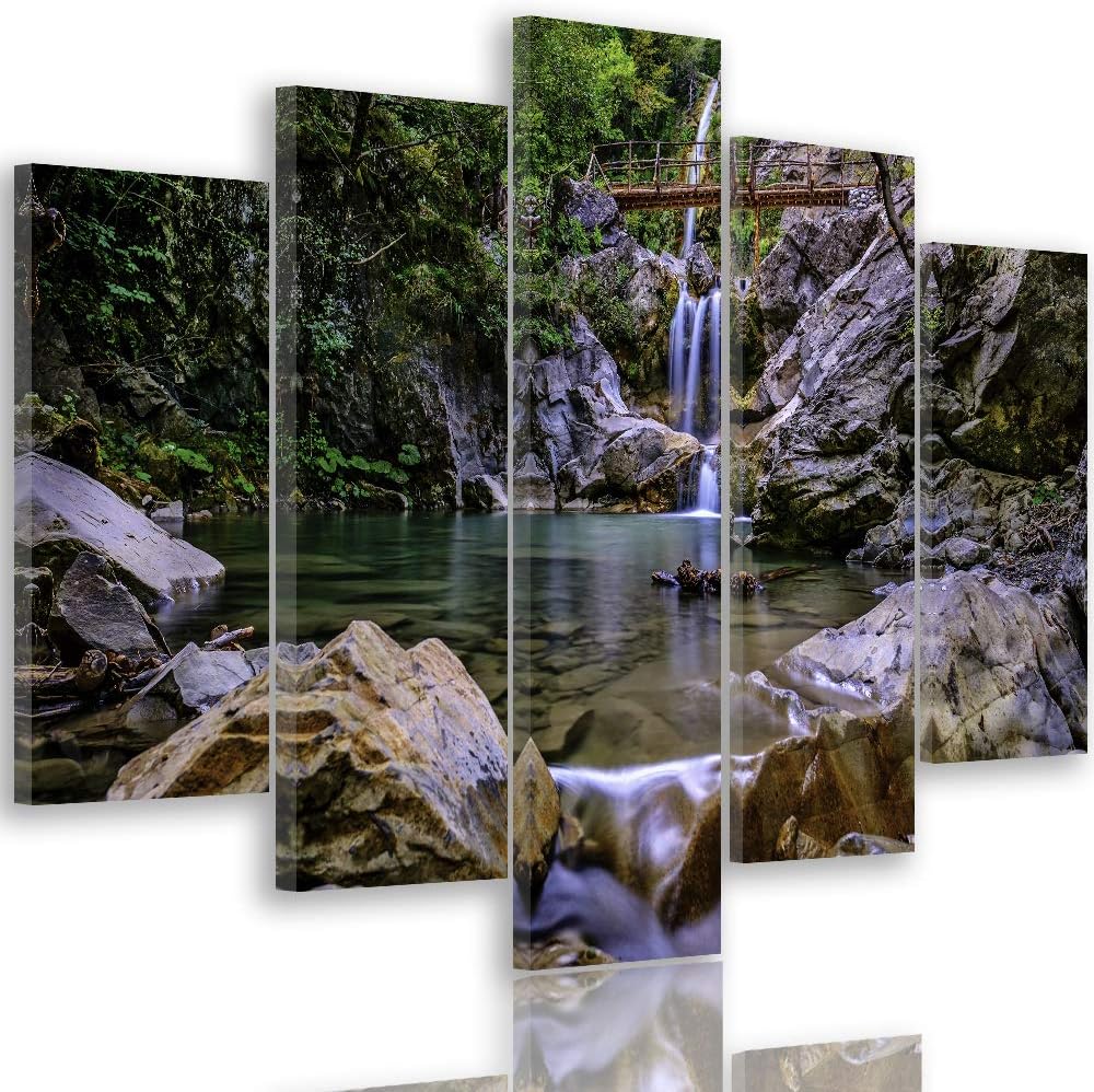 Feeby Leinwandbild Landschaft 5 TLG Bild Kunstdruck Natur Wasserfall Wald bunt 100x70 cm Leinwandbil