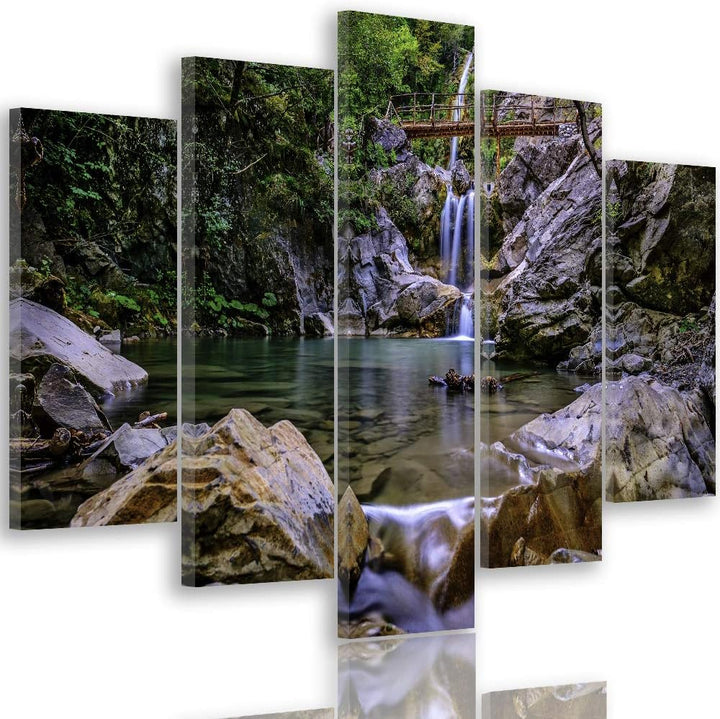Feeby Leinwandbild Landschaft 5 TLG Bild Kunstdruck Natur Wasserfall Wald bunt 100x70 cm Leinwandbil