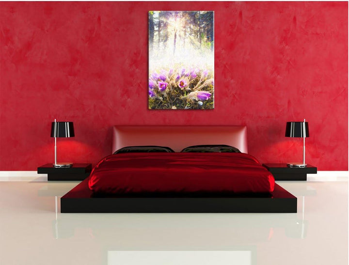 Pixxprint blühende Blumen im Wald / 100x70cm Leinwandbild bespannt auf Holzrahmen/Wandbild Kunstdruc