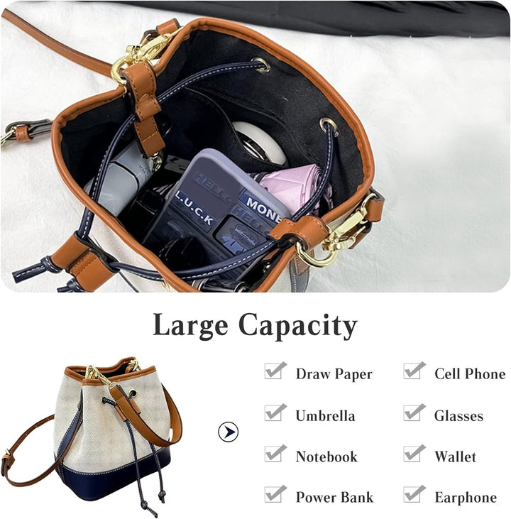 CORIOS Eimer Taschen Damen Henkeltaschen Canvas Schultertaschen PU-Leder Umhängetaschen Kordelzug Be