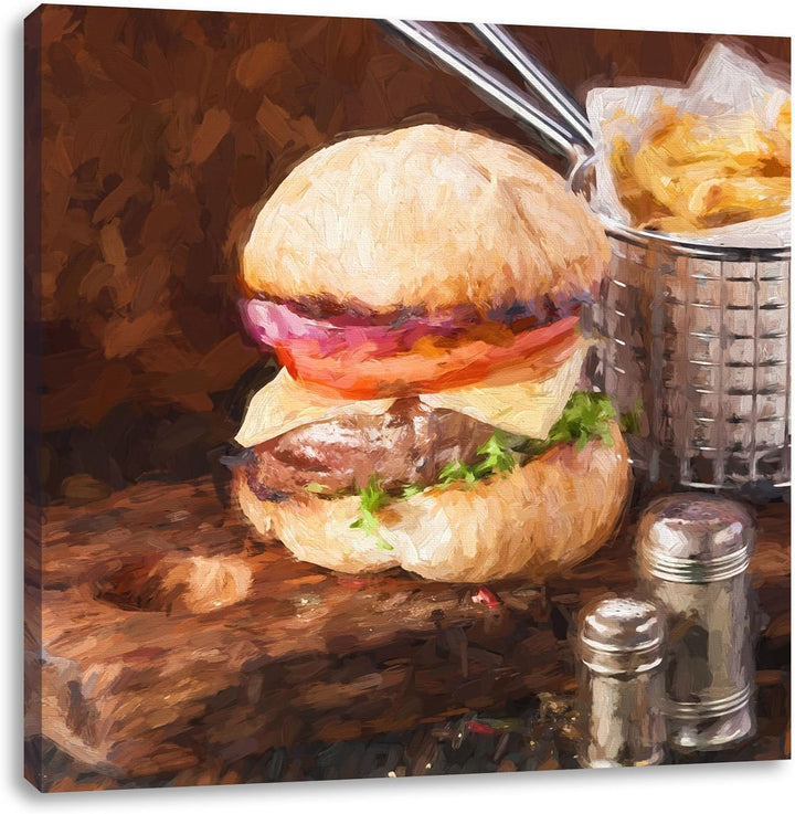 Pixxprint Cheesburger mit Pommes Pinsel Effekt, Format: 70x70 auf Leinwand, 70x70