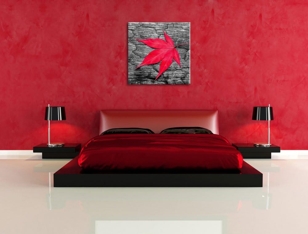 Pixxprint Rotes Ahornblatt im Herbst schwarz/weiss, Format: 70x70 auf Leinwand, riesige Bilder ferti