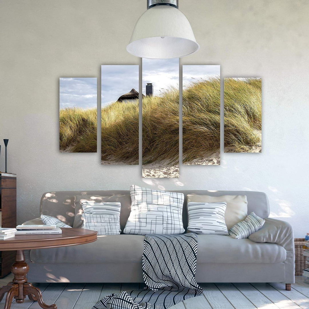 Feeby Leinwandbild 5 Teilig Landschaft Bild Wanddeko Strand Gras Himmel bunt 150x100 cm Leinwandbild