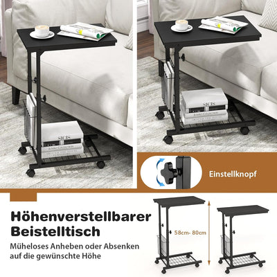 COSTWAY Laptoptisch höhenverstellbar, mit Aufbewahrungskorb, Beistelltisch Holz mit Metallrahmen, So