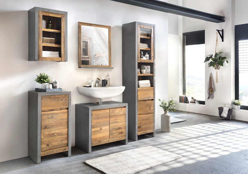 Woodkings® Spiegel 80x70cm Burnham Echtholz recycelte Pinie Natur rustikal Badspiegel mit Ablage in