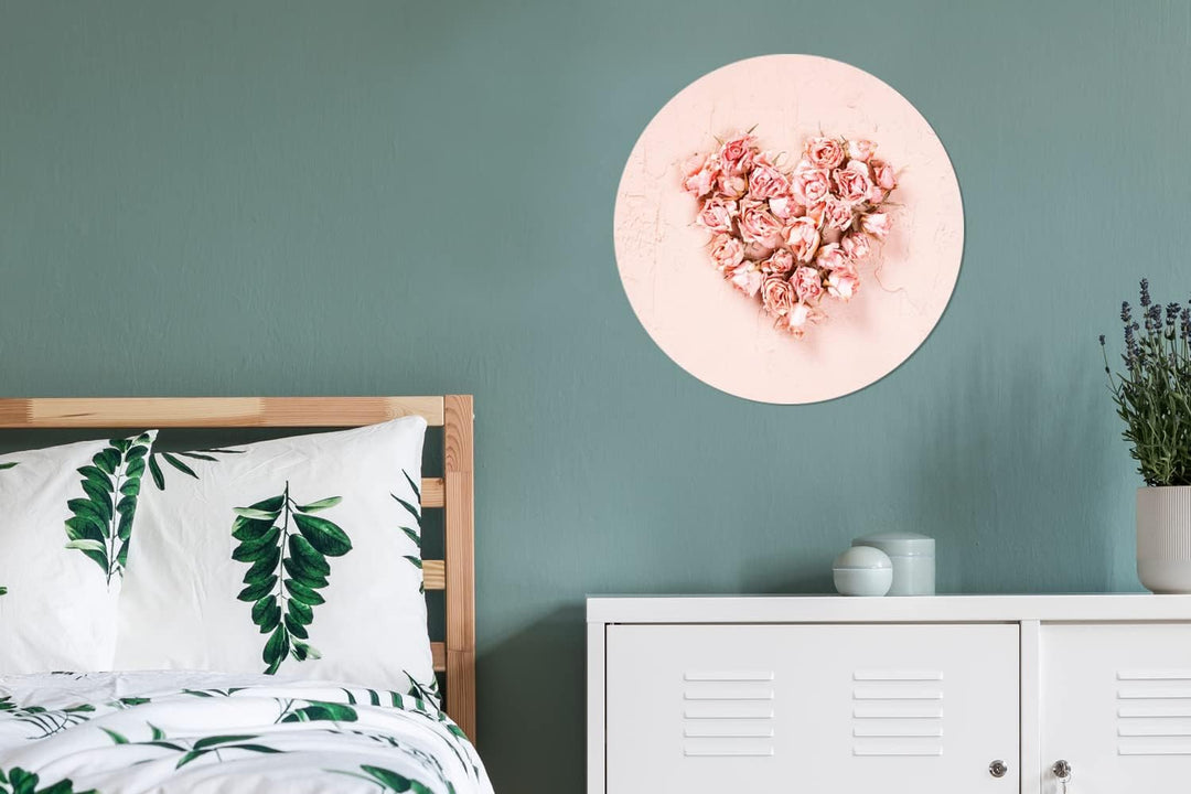 MuchoWow Wandbild Rund Wanddeko Deko Wohnzimmer Bilder 60x60 cm Herz - Blumen - Rosa, 60x60 cm