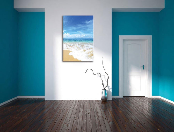 Pixxprint Sand Strand Wellen Sonne / 100x70cm Leinwandbild bespannt auf Holzrahmen/Wandbild Kunstdru