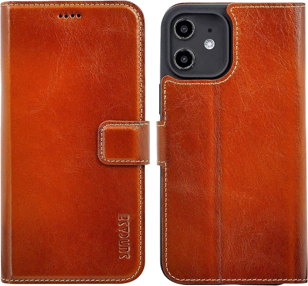 Suncase Book-Style Hülle kompatibel mit iPhone 12 (6.1") Leder Tasche (Slim-Fit) Lederhülle Handytas