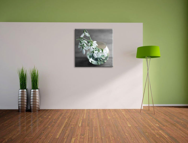 Pixxprint Schneeglöckchen in der Vase Schwarz/Weiss, Format: 70x70 auf Leinwand, 70x70