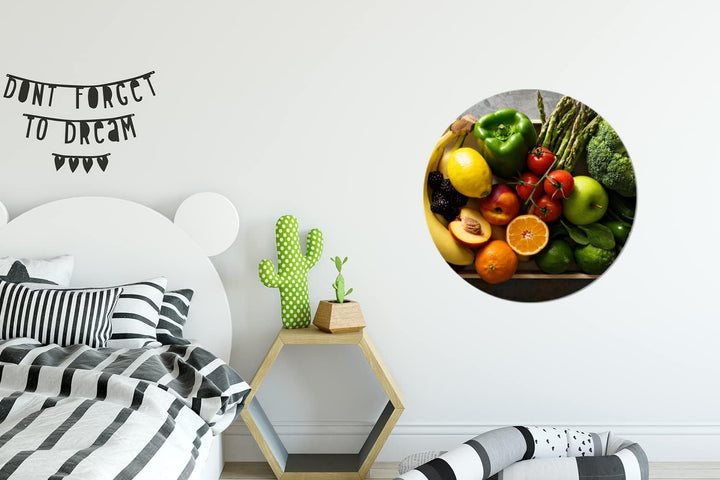 MuchoWow Wandbild Rund Wanddeko Deko Wohnzimmer Bilder 60x60 cm Kiste - Obst - Regenbogen, 60x60 cm