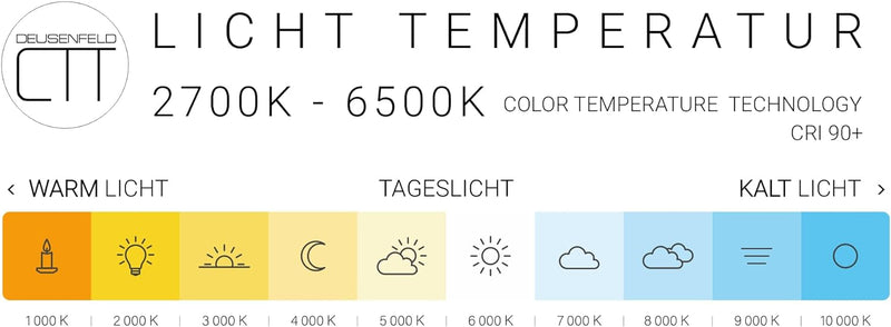 DEUSENFELD WL100CT - Premium LED Kosmetikspiegel, CTT - stufenlos Einstellbarer Farbton von 2700-650