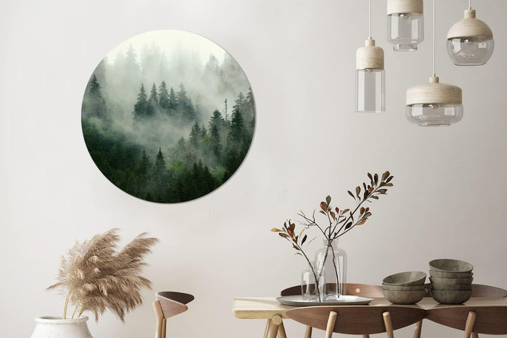MuchoWow Wandbild Rund Wanddeko Deko Wohnzimmer Bilder 90x90 cm Wald - Nebel - Bäume - Natur, 90x90