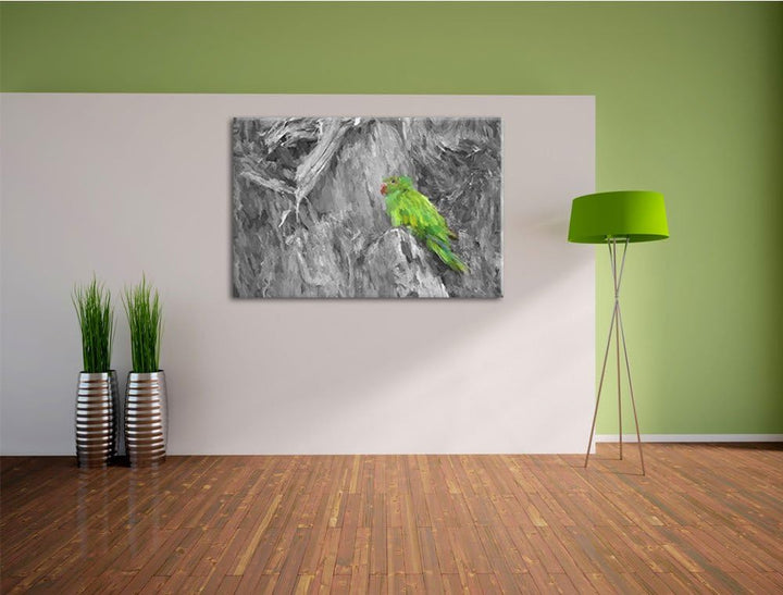schöner Papagei im Gehölz schwarz/weiss Deluxe Format: 100x70 cm auf Leinwand, XXL riesige Bilder fe