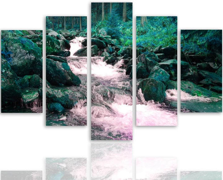 Bilder Fluss 150x100 cm - Leinwandbild 5 Teilig XXL Kunstdruck Natur Wald grün Leinwandbild XXL 150x