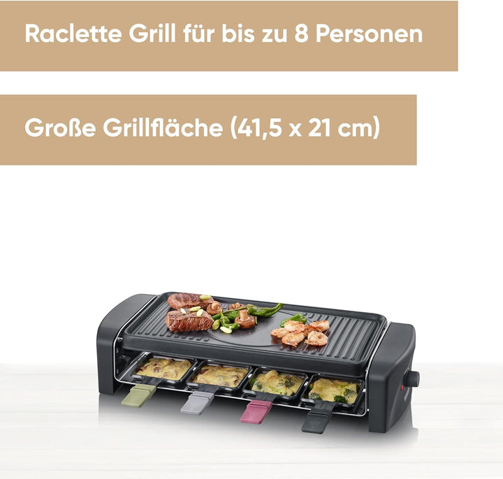 SEVERIN Raclette-Grill, Raclette mit grosser antihaftbeschichteter Grillplatte und 8 Raclette Pfännc