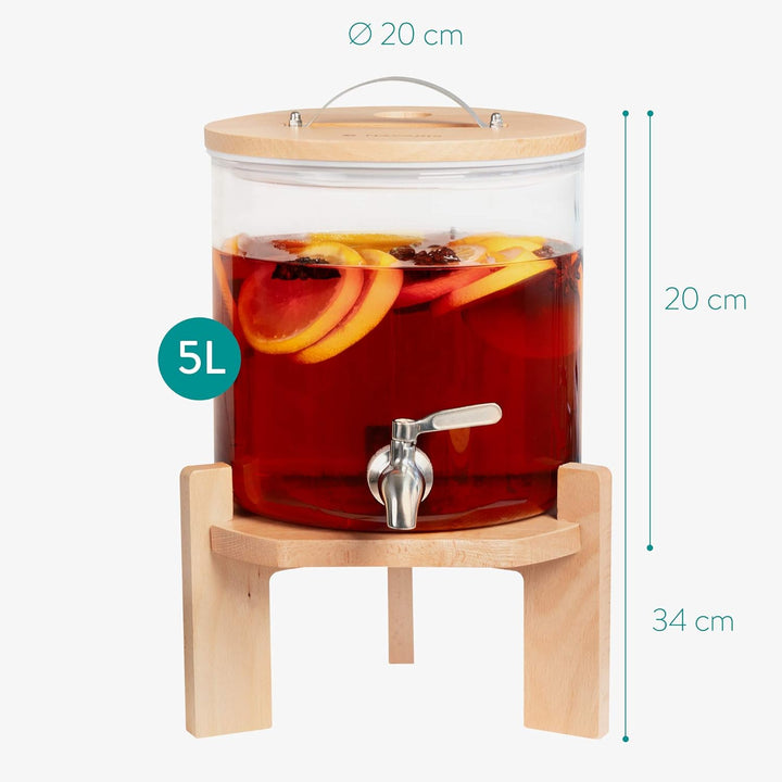 Navaris 5L Getränkespender mit Zapfhahn aus Edelstahl - Glas Wasserspender mit Stand aus Buchen Holz