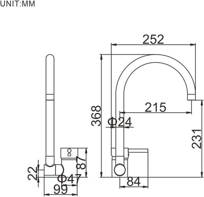 Ibergrif, Vorfenster Küchenarmatur, Klappbarer Wasserhahn für Küche mit hoher Auslauf 231 mm, Chrom