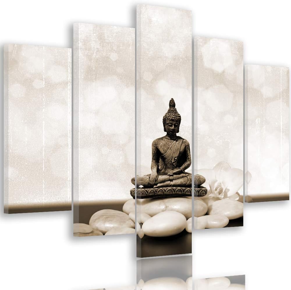 Feeby Bilder Buddha 300x140 cm Leinwandbild 5 Teilig XXL Kunstdruck modern relax braun Leinwandbild