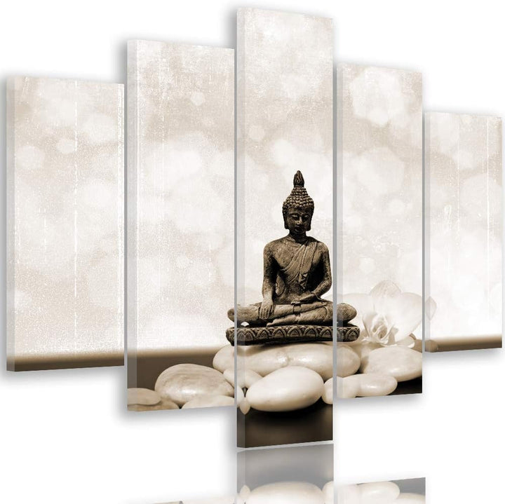 Feeby Bilder Buddha 300x140 cm Leinwandbild 5 Teilig XXL Kunstdruck modern relax braun Leinwandbild