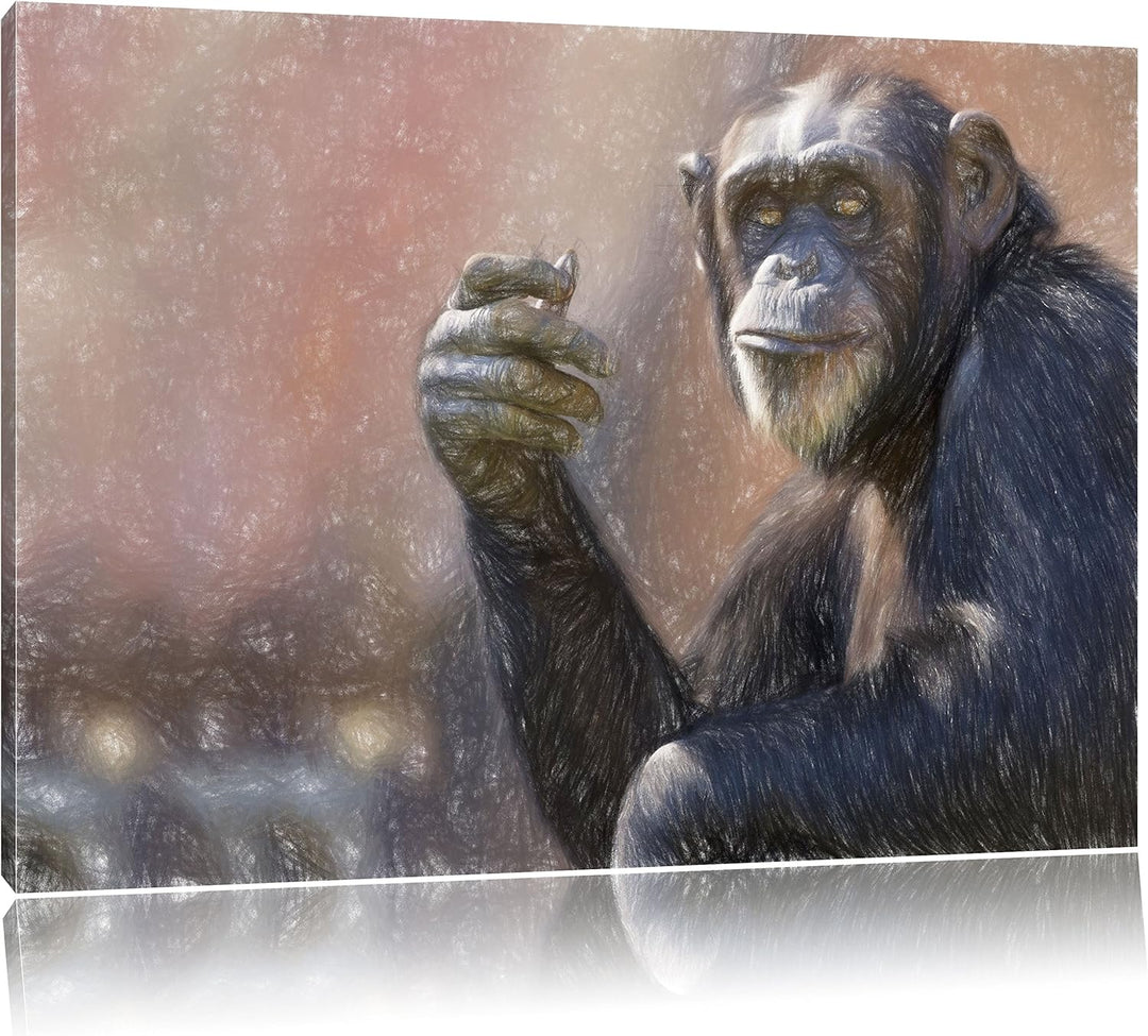 Pixxprint Aufmerksamer Schimpanse / 100x70cm Leinwandbild bespannt auf Holzrahmen/Wandbild Kunstdruc