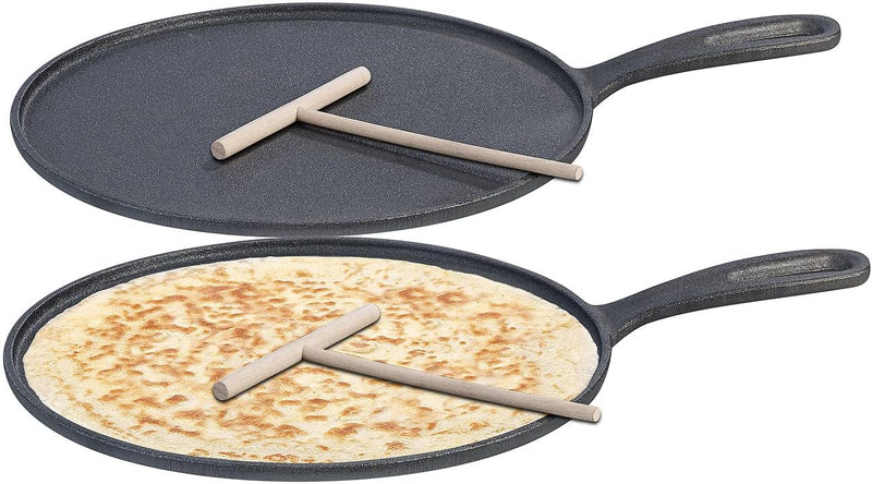 Rosenstein & Söhne Crepespfanne: Gusseiserne Crêpe-Pfanne für Grill und Herd mit Teigverteiler, 2er-