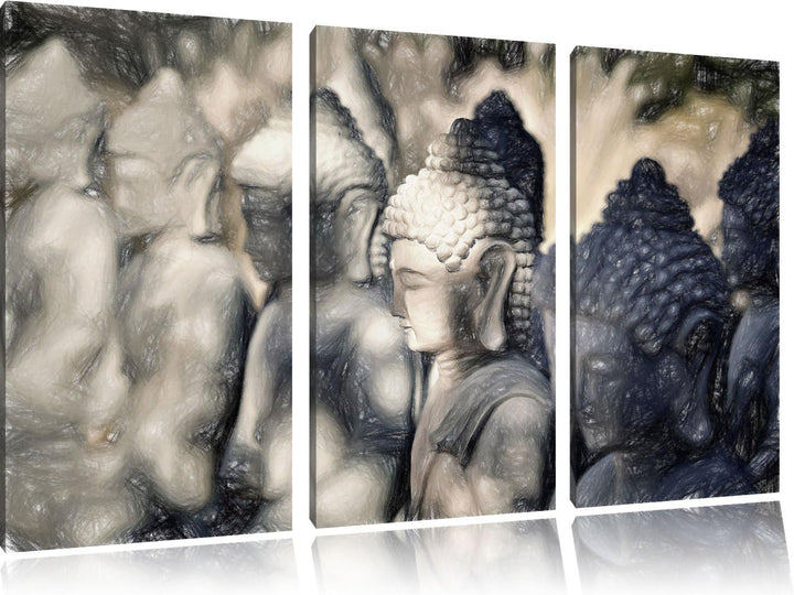 Pixxprint Buddha-Statuen in Einer Reihe als Leinwandbild/Grösse: 3 Teilig (120x80 cm) cm/Wandbild/Ku