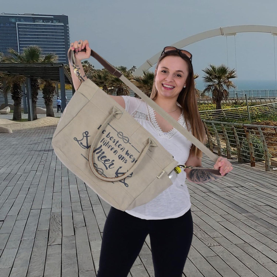 Sunsa Damen grosse Handtasche. XXL Tasche aus Canvas & Leder. Nachhaltige Strandtasche/Weekender in