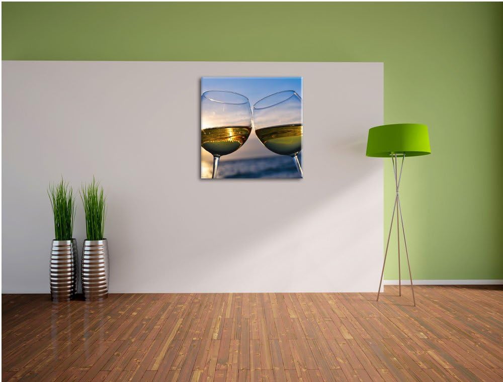 Pixxprint Weingläser im Sonnenuntergang am Meer, Format: 70x70 auf Leinwand, 70x70