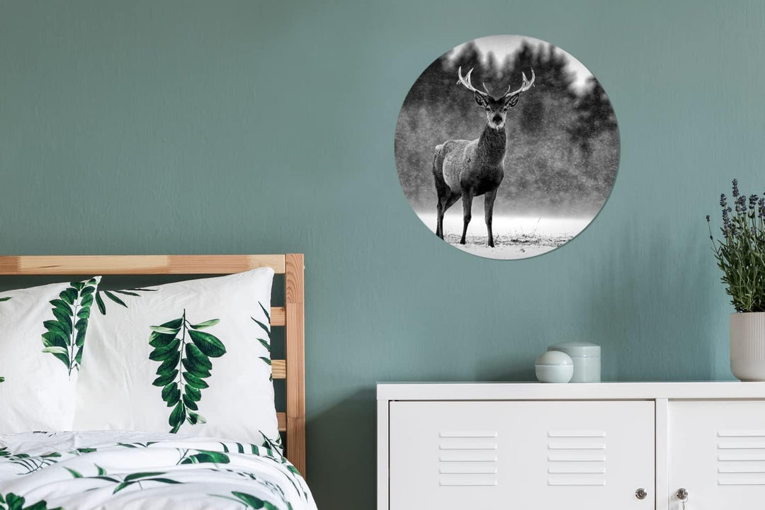 MuchoWow Wandbild Rund Wanddeko Deko Wohnzimmer Bilder 60x60 cm Tiere - Hirsche - Winter - Schwarz -