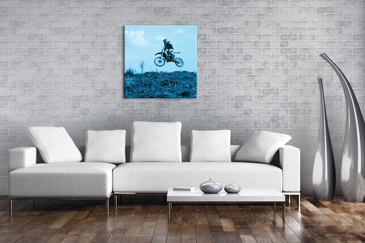 deyoli Motocross Fahrer im Sprung Format: 70x70 Effekt: Monocrome Blau als Leinwandbild, Motiv ferti