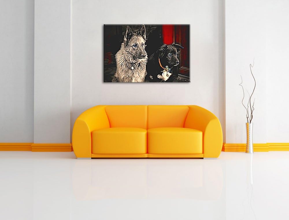 zwei Hunde auf dem Teppich Deluxe Format: 100x70 cm auf Leinwand, XXL riesige Bilder fertig gerahmt