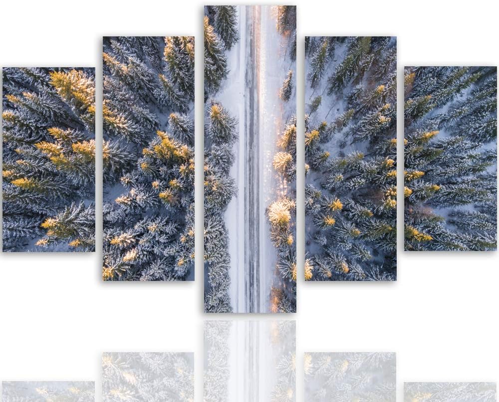 Feeby Wanddeko XXL Landschaft Leinwandbild 5 Teilig Winter Wald Bäume Weg bunt 100x70 cm Leinwandbil