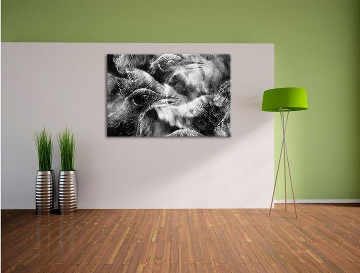 Pixxprint Vogel Phönix Collage Kunst B&W als Leinwandbild/Grösse: 100x70 cm/Wandbild/Kunstdruck/fert