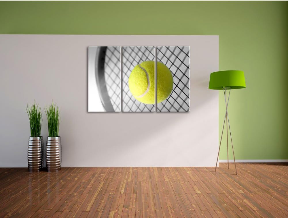Pixxprint Tennisschläger mit Tennisball Schwarz/Weiss 3-Teiler Leinwandbild 120x80 Bild auf Leinwand