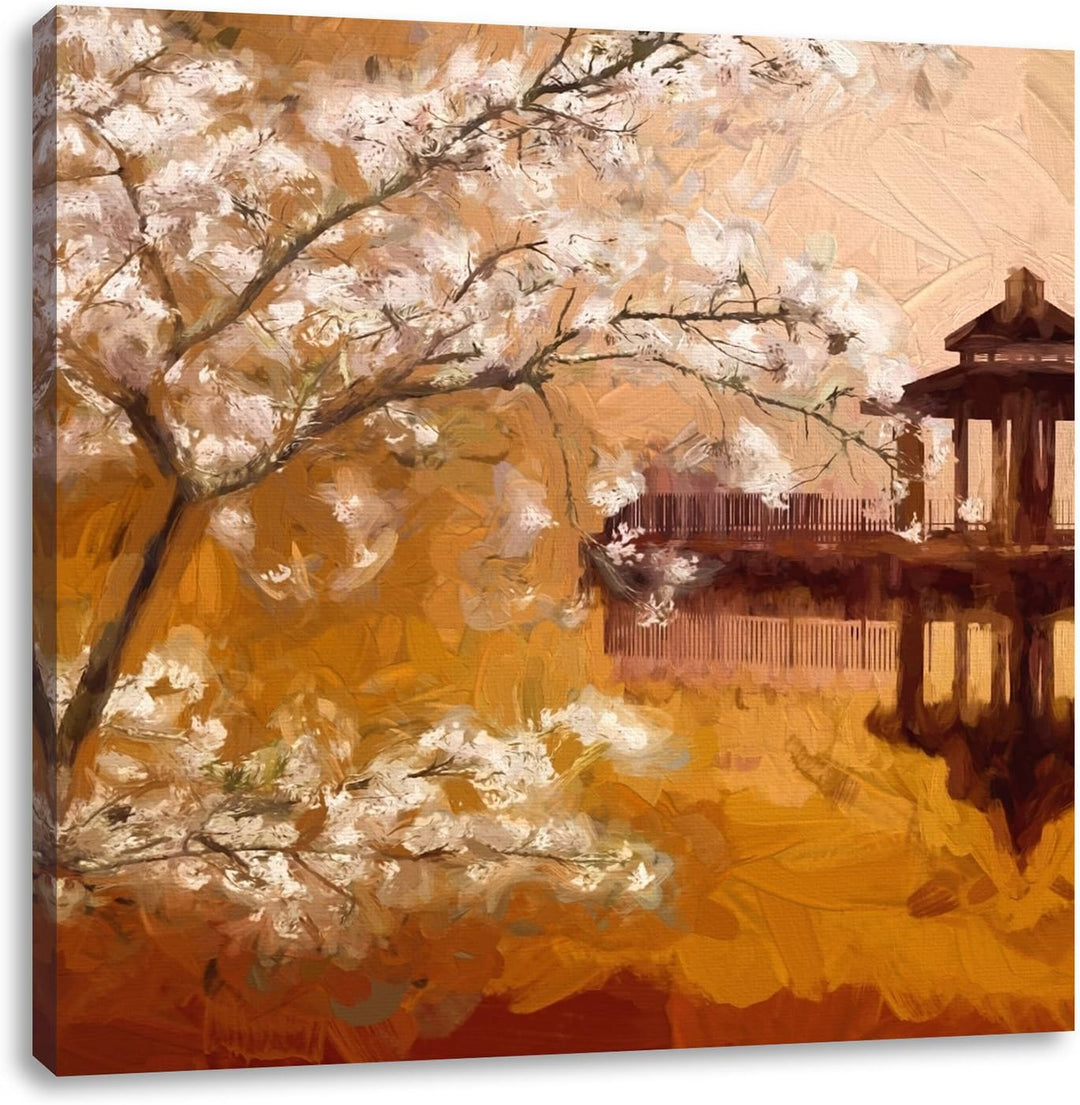 Pixxprint Kirschbaum an See als Leinwandbild/Grösse: 70x70 cm/Wandbild/Kunstdruck/fertig bespannt, 7