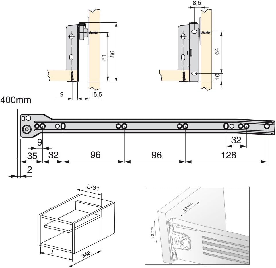 Emuca 3041125 Set aus 10 Schubladen-Kits Metallseiten und Scheibenführungen aus Stahl mit Aluminiumo