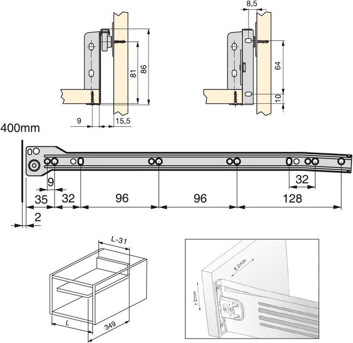 Emuca 3041125 Set aus 10 Schubladen-Kits Metallseiten und Scheibenführungen aus Stahl mit Aluminiumo