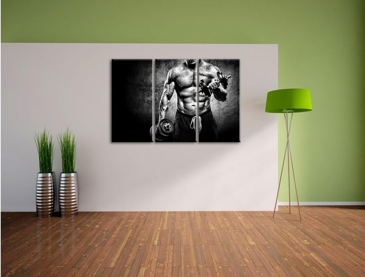 Pixxprint Monocrome, Starker Bodybuilder mit Hantel 3-Teiler Leinwandbild 120x80 Bild auf Leinwand