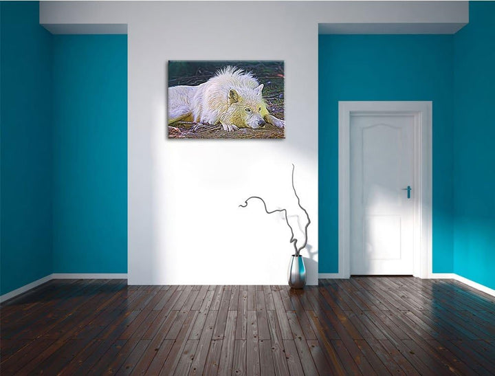 ruhender Polarwolf Deluxe Format: 100x70 cm auf Leinwand, XXL riesige Bilder fertig gerahmt mit Keil