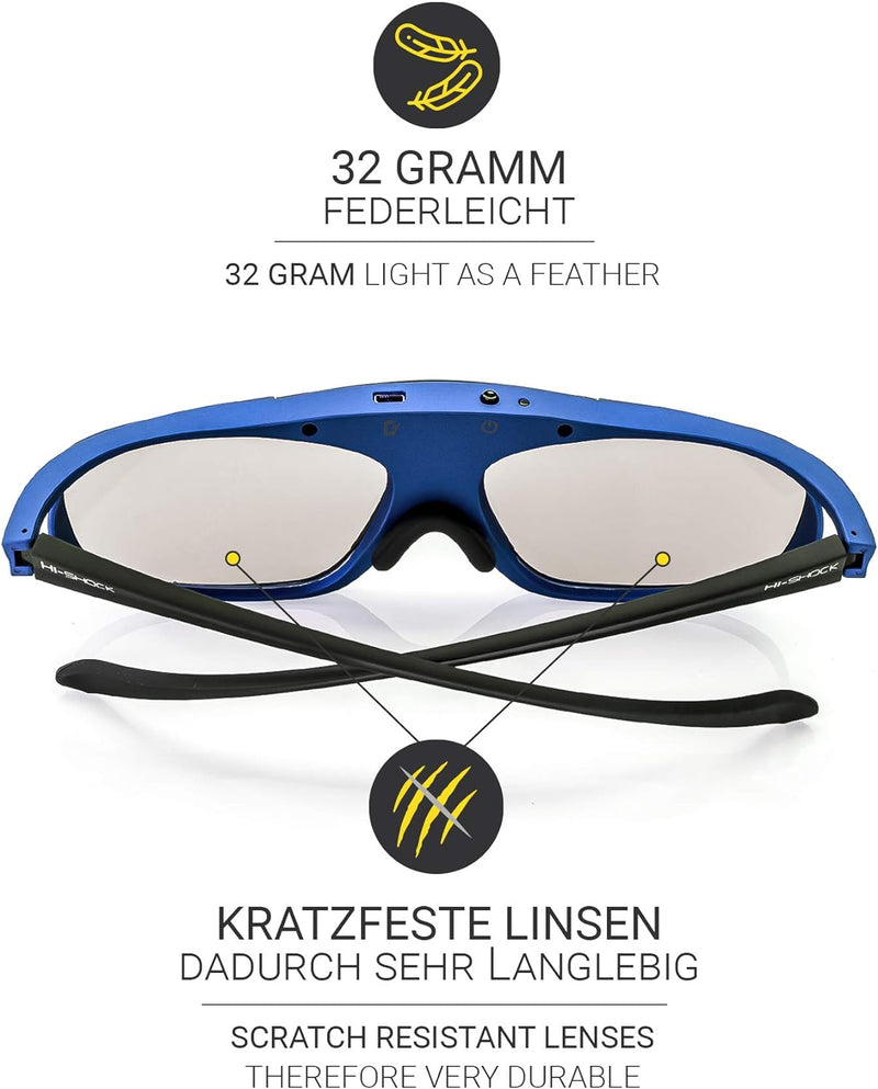 Hi-Shock BT Pro Deep Heaven aktive 3D Brille für 3D TV von Sony, Samsung, Panasonic & 3D-RF Beamer v