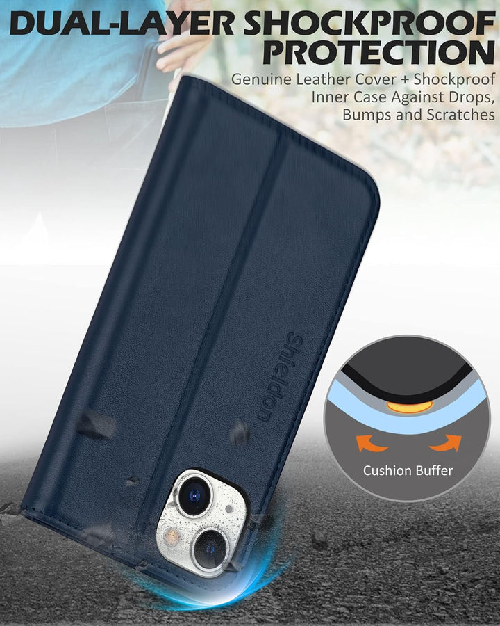 SHIELDON Hülle für iPhone 14 Plus 5G, Schuzhülle [Echtleder] [Kartenfach] [Verdicht TPU], Magnetisch