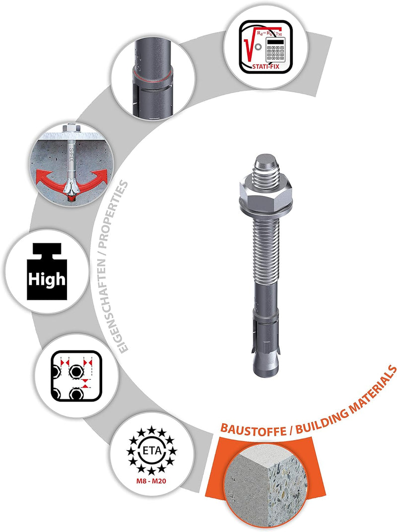 TOX Bolzenanker S-Fix Plus M16 x 195/73 mm 10 Stück 04210149 Verzinkt M16 x 195/73 mm Für ungerissen