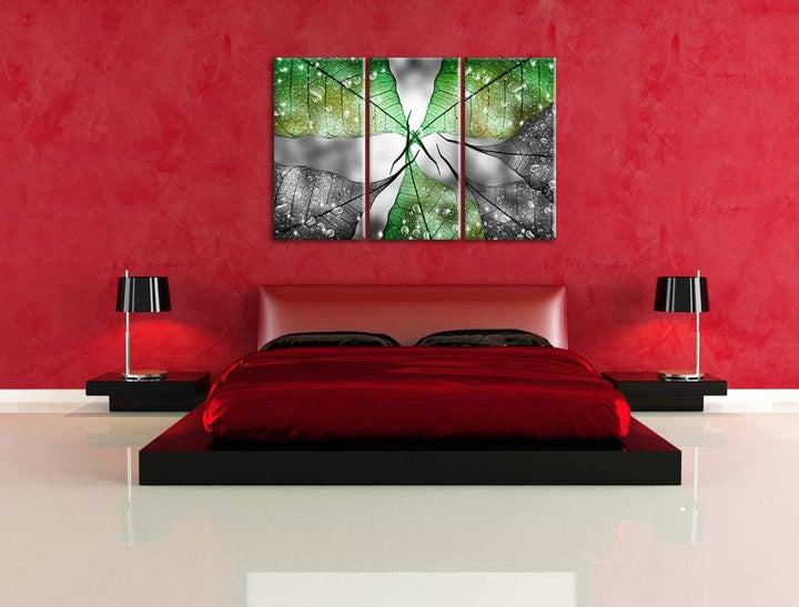 grüne Blätter mit Wassertropfen schwarz/weiss 3-Teiler Leinwandbild 120x80 Bild auf Leinwand, XXL ri